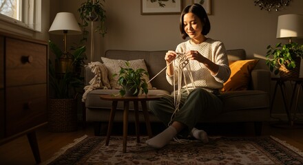 Obraz premium Asian woman crafts macrame sitting couch livingroom interior houseplants