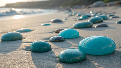 Coastal Serenity: Turquoise stones adorn a sandy beach, with ocean waves gently caressing the shore in a tranquil, sun-kissed scene of natural beauty.