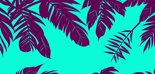 Fototapeta premium Linear silhouette banana palm leaves on turquoise background Seamless vector tropical pattern, plants, banana palm