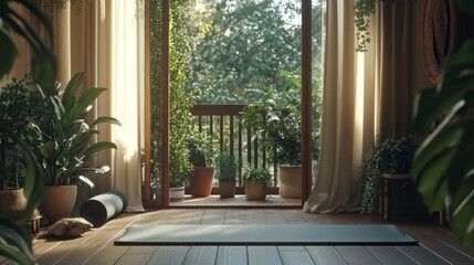 A peaceful balcony with a yoga mat rolled out, surrounded by plants and calming decor, creating an inviting space for relaxation and mindfulness.