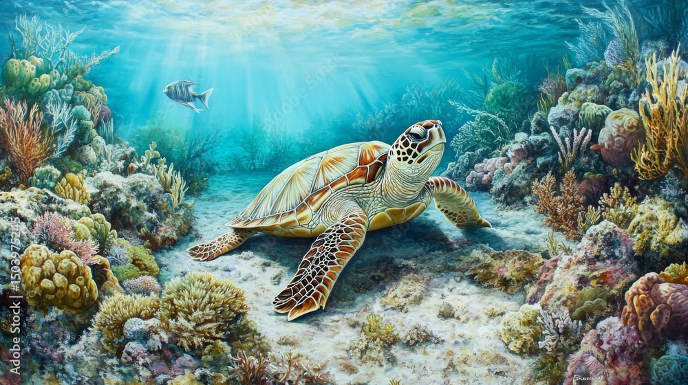 Poster a peaceful image of a sea turtle resting on a rocky seabed, with soft corals and colorful sponges su