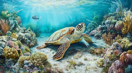 Obraz premium A peaceful image of a sea turtle resting on a rocky seabed, with soft corals and colorful sponges surrounding it, showcasing the beauty of marine habitats.