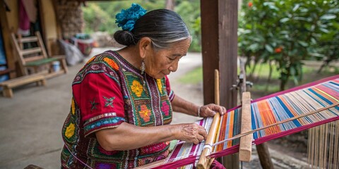 Guatemalan elder weaving with backstrap loom, vibrant huipil dress.