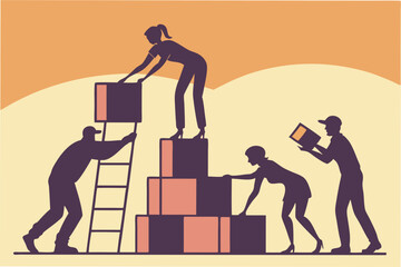 Teamwork construction conceptual illustration building blocks achieving goals and building success