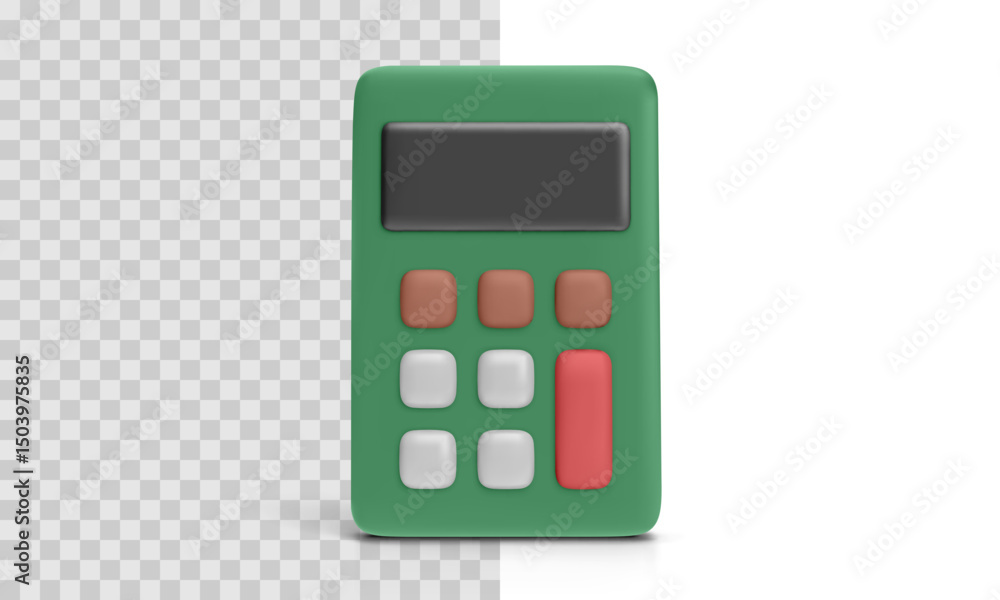 Poster green plastic calculator with colorful buttons and blank display, isolated on transparent and white 