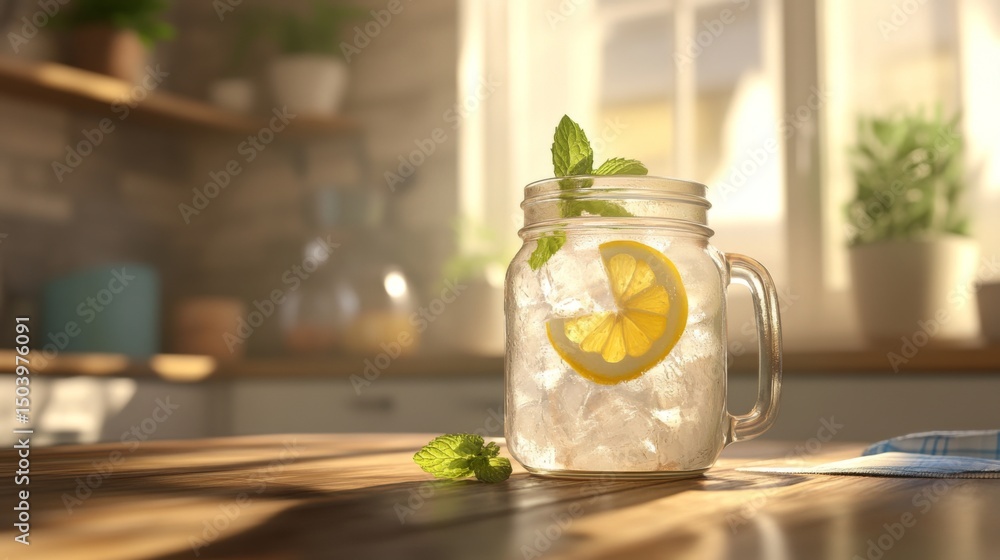 Poster a refreshing soda served in a mason jar with ice, topped with a lemon slice and mint, sitting on a r