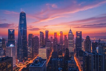Fototapeta premium Stunning Urban Skyline at Sunset Featuring Modern Skyscrapers and Vibrant Nightlife