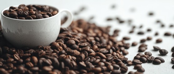 Fototapeta premium Aromatic Coffee Beans in a Speckled White Cup, Close-Up View