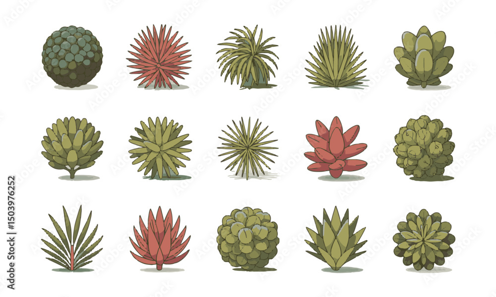 Poster a collection of stylized vector bushes and ornamental plants arranged in a grid layout, easily edita