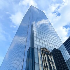 Modern glass skyscraper reflecting surrounding buildings in its sleek surface.