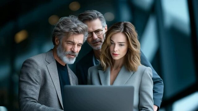Three professionals in business attire gather around a laptop 4K. Business people working together on laptop.