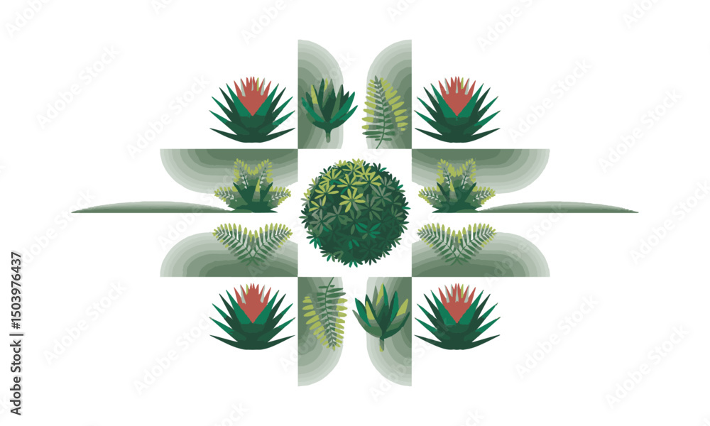 Poster a collection of stylized vector bushes and ornamental plants arranged in a grid layout, easily edita
