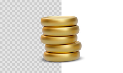 Glossy gold coin stack isolated on white and transparent background, realistic metallic design with soft shadows, perfect for finance or currency themes. Vector illustration.