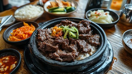 A rustic table spread with beef rice, accompanied by pickled vegetables and a small bowl of dipping sauce, creating a flavorful and colorful meal presentation.