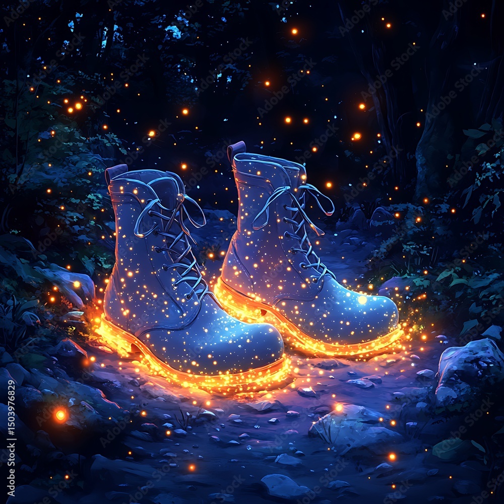 Aufkleber enchanting pair of illuminated boots glowing with magical light in a mystical forest high resolution