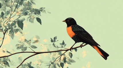 Black and orange bird perched on tree branch in natural habitat with focused gaze, waiting patiently for prey in a woodland forest setting during daylight