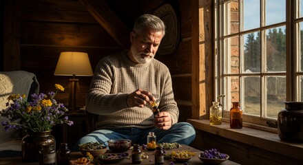 Mature man mixes oil essence in wooden cabin for aromatherapy wellness treatment session near window bottles.