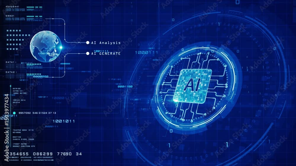 Aufkleber artificial intelligence circuit interface with data analysis and global connectivity in blue digital