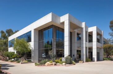 Fototapeta premium Modern White Office Building Exterior with Large Windows and Landscaping under a Bright Blue Sky
