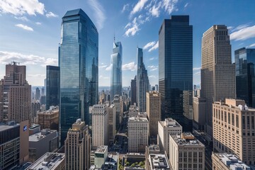 Stunning Ground-Level Perspective of Tall Skyscrapers in a Vibrant Urban Financial District