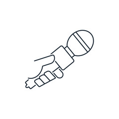 Hand with microphone. Interview, news, survey. Vector linear icon illustration on white background.