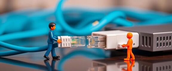 Miniature figures connecting LAN cable to router, representing internet network communication, node, topology