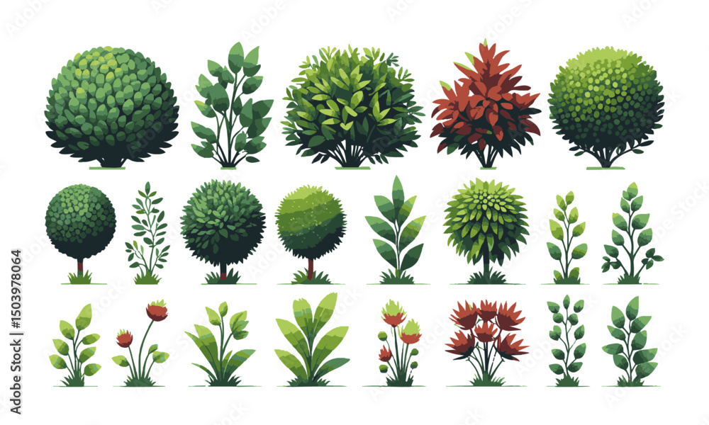 Poster A collection of stylized vector bushes and ornamental plants arranged in a grid layout, easily editable and scalable.