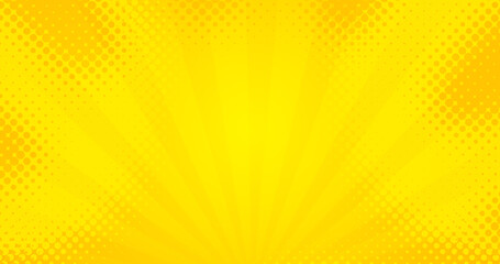 Abstract yellow orange sunny halftone pattern. Cartoon sunbeams. Children design style Dynamic retro pop art texture. Moving lines on round. Grunge summer kid funny banner. Sunrise positive background