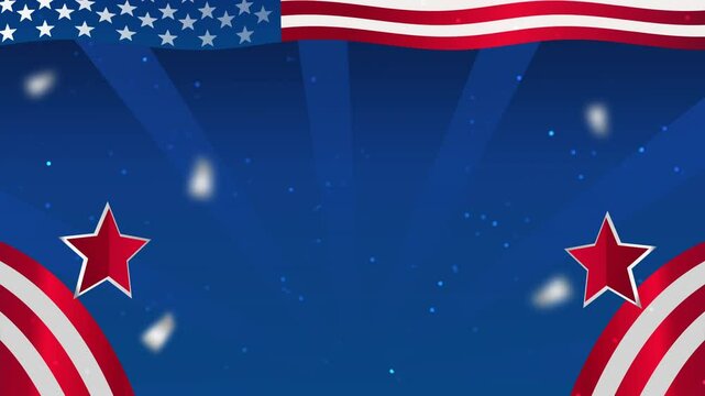 Animated 4th of July background with waving American flags, red stars, and glowing particles. Perfect for Independence Day, patriotic videos, and USA national celebrations.