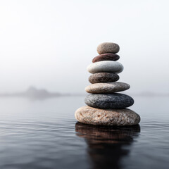 Stacked stones on calm water Zen meditation balance nature serenity