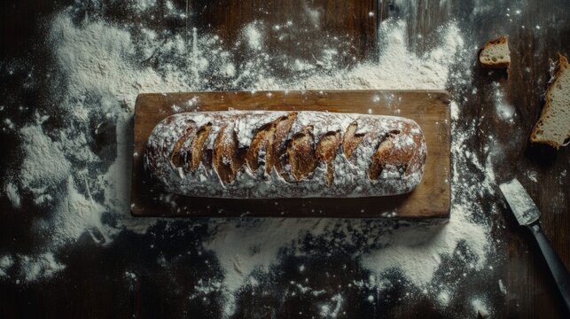 A top-down view of a freshly baked ciabatta loaf resting on a wooden board, with flour dusted around it for a rustic touch.