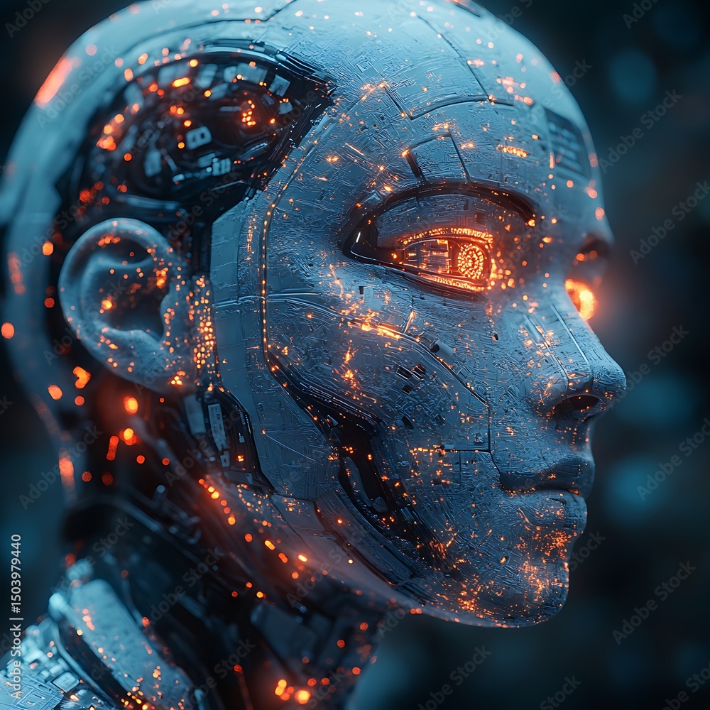 Aufkleber futuristic cyborg head with glowing circuits representing artificial intelligence high resolution im