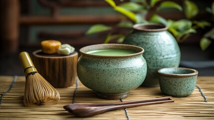 A traditional tea ceremony setting with matcha in a bowl, tea utensils, and sweets arranged elegantly on a tatami mat, creating a serene atmosphere.