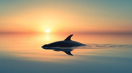 Fototapeta premium A tranquil scene of a whale swimming peacefully at dawn, with soft pastel colors reflecting on the water's surface, capturing the calmness of the early morning.