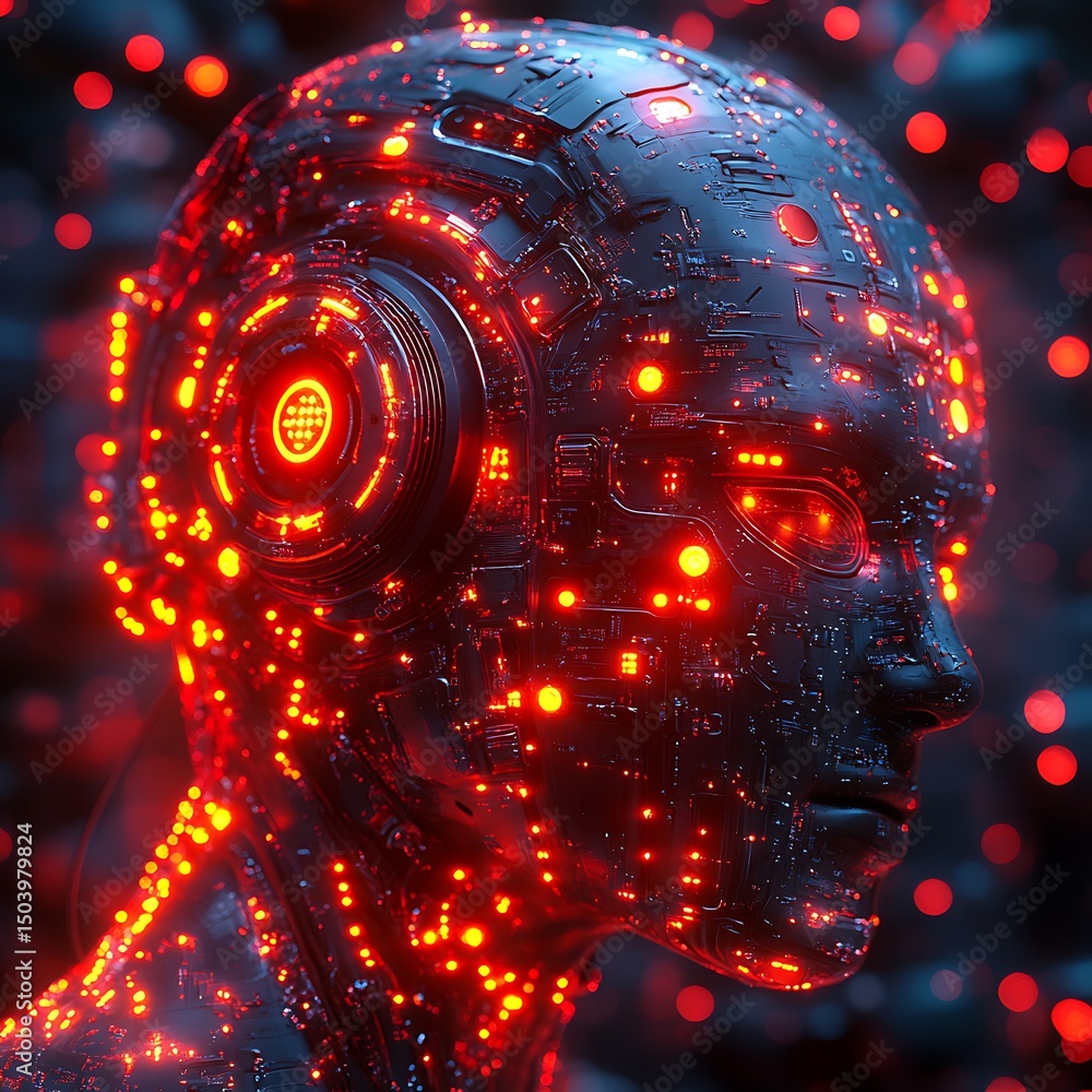 Aufkleber futuristic cyborg head with glowing red circuitry and integrated technology creating a high resoluti