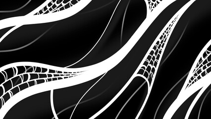 Dark abstract black and white web background with curved flowing lines – graphic comic-style design inspired by superhero and noir aesthetics © Veronika