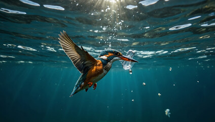Underwater View of Kingfisher Hitting Water