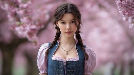 Beautiful girl with braided hair and dirndl dress under cherry blossom trees.