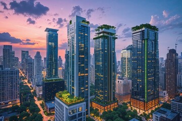 Sustainable Urban Skyscrapers with Rooftop Gardens at Dusk for Eco-Friendly Living