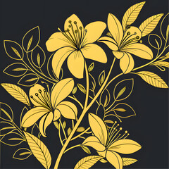 Elegant Gold Lily Flowers on Dark Background Botanical Illustration