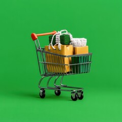 Shopping Cart Filled with Colorful Gifts on a Bright Green Background