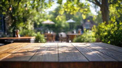 Wooden Tabletop with Natural Garden Background Out of Focus