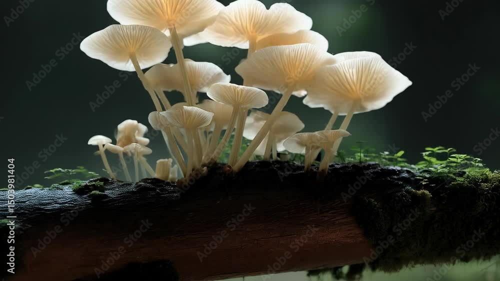 Poster cluster of luminous mushrooms sprouting from a decaying log covered in moss in the forest, illuminat