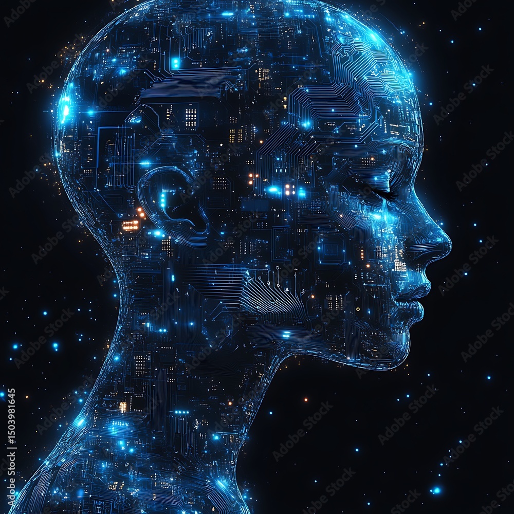 Poster futuristic depiction of an ai head integrated with digital circuitry in high resolution image