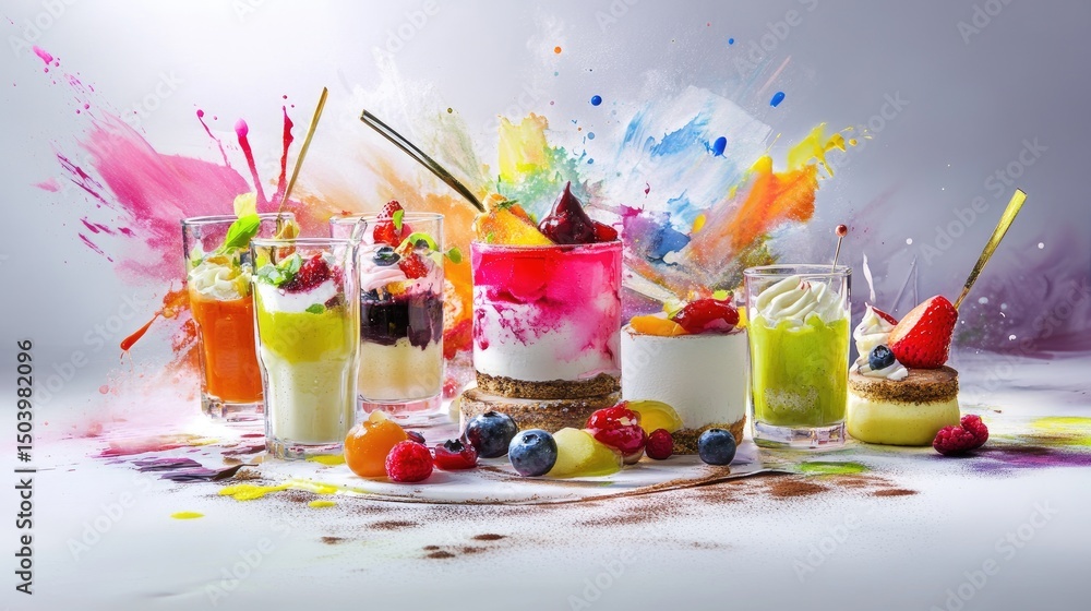 Poster artistic interpretation of dessert spread using soft watercolor palette