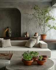 Botanical Brutalist Living Room with large monstera leaves against raw concrete walls and angular seating Brutalist Interiors with Botanical Integration Concrete x Nature Living Spaces