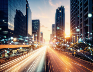 Fototapeta premium Urban cityscape at twilight with blurred car light trails through modern architecture and infrastructure