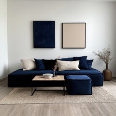 Modern Minimalist Living Room with Blue Sofa and Stylish Decor