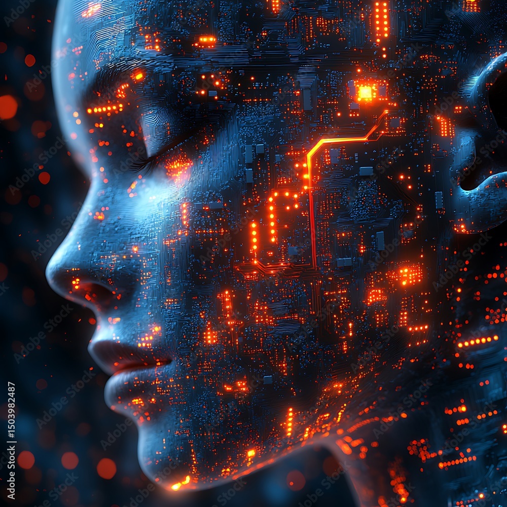 Poster futuristic digital human face representing advanced technology and artificial intelligence concepts 