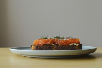 Gourmet open-faced sandwich with smoked salmon on whole grain bread